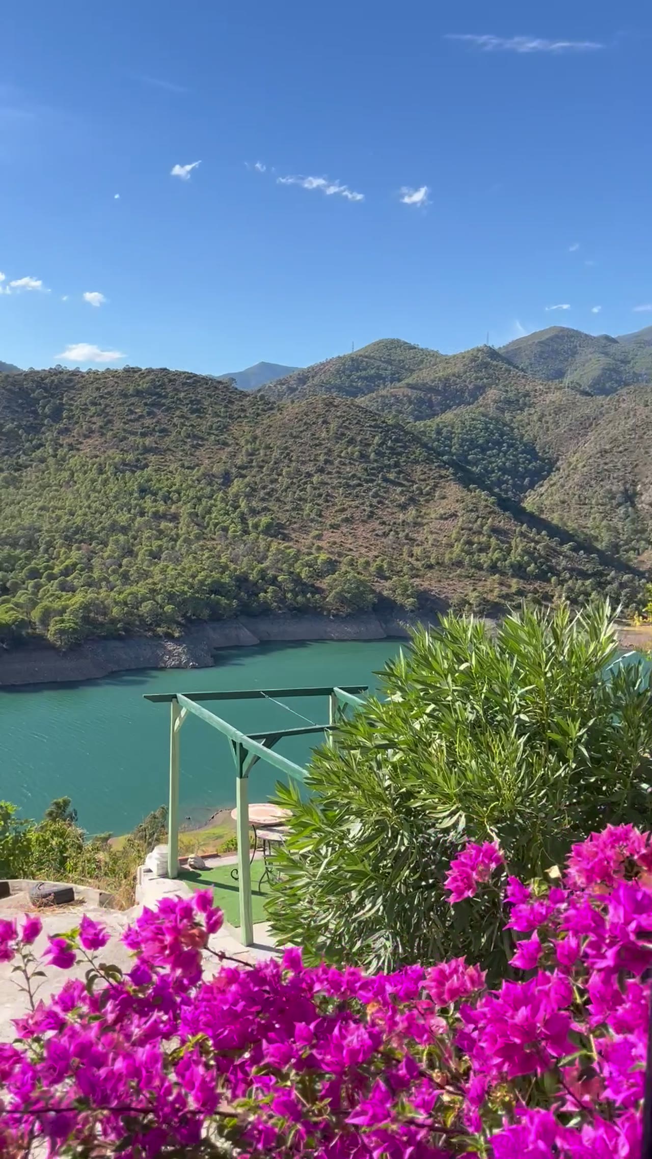 Lake Istán seen through bougainvillea at the Marbella accommodation
